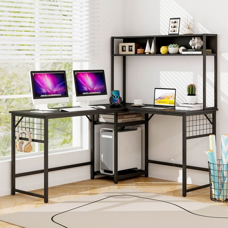 Costway L-shaped Desk with Power Outlet Large Corner Desk Converts to 2-Person Long Desk Rustic Brown/Black, 2 of 11