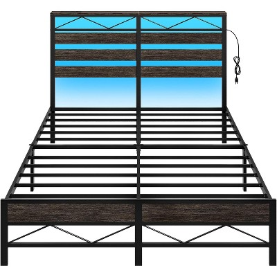 MaseiKar Full Bed Frame, Metal Platform Bed Frame with Headboard, LED Bed Frame with Charging Station, Noise-Free, Easy Assembly, Charcoal Black