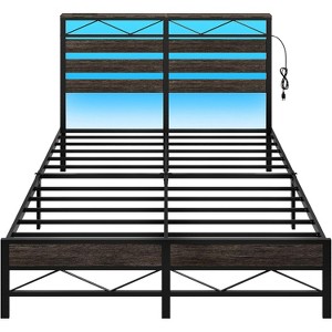 MaseiKar Full Bed Frame, Metal Platform Bed Frame with Headboard, LED Bed Frame with Charging Station, Noise-Free, Easy Assembly, Charcoal Black - 1 of 4
