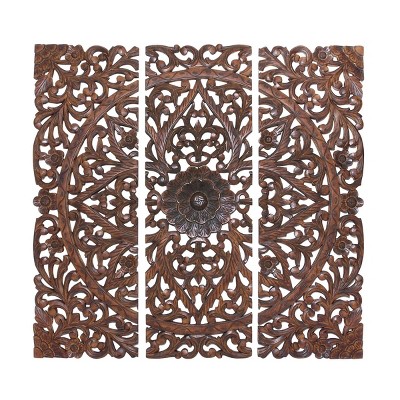 24" x 71" Large Hand Carved Natural Pine Wood Wall Panels with Floral and Acanthus Designs - Olivia & May