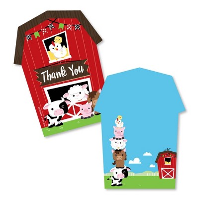 Big Dot of Happiness Farm Animals - Shaped Thank You Cards - Barnyard Baby Shower or Birthday Party Thank You Note Cards with Envelopes - Set of 12