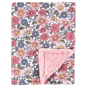 Hudson Baby Girls Plush Blanket with Furry Binding and Back, Pink Blue Pretty Floral, One Size - 1 of 2