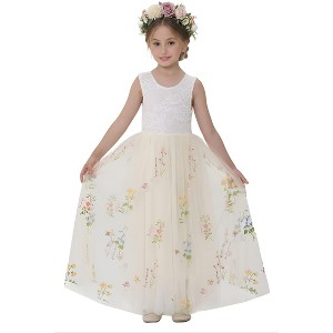 2Bunnies Girls 3-8Y Floral Embroidered Tulle Lace Sleeveless Maxi Flower Girl Dress - 1 of 4