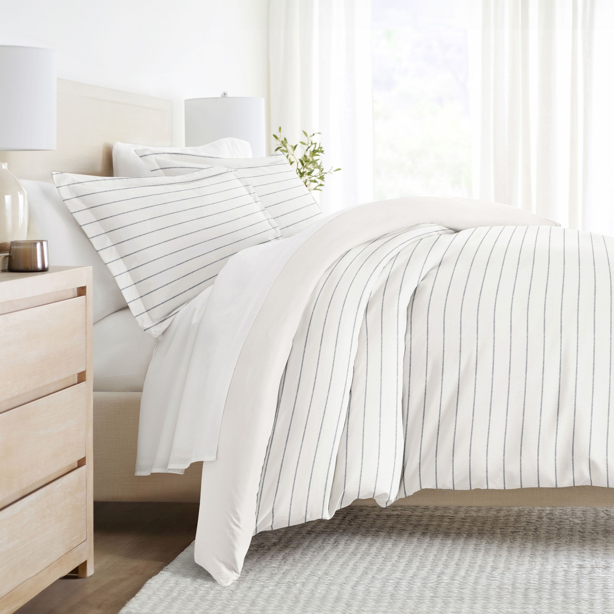 Harbor Stripe Ivory 3PC Duvet Cover Set - Soft Microfiber, Zippered Closure, Modern Design - Becky Cameron, Harbor Stripe Ivory, Full/Queen