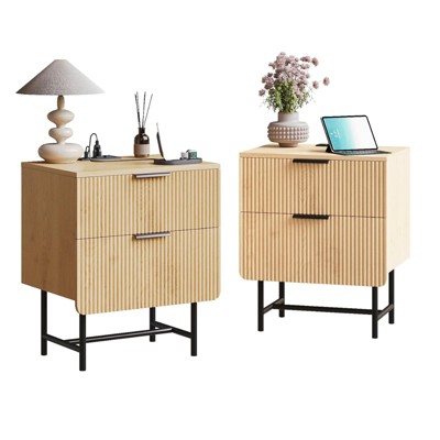Fluted Nightstand with Charging Station & 2 Drawers, Bedside Table End Table, Natural Oak