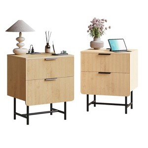 Fluted Nightstand with Charging Station & 2 Drawers, Bedside Table End Table, Natural Oak - 1 of 4