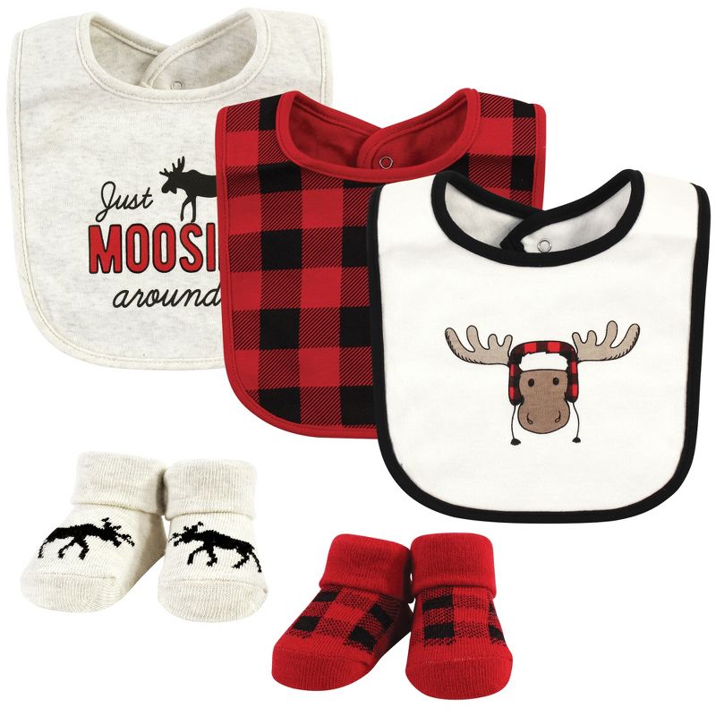 Hudson Baby Infant Boy Cotton Bib and Sock Set, Winter Moose, One Size, 1 of 6