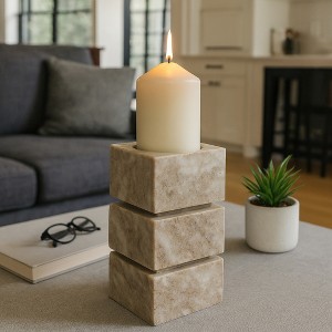 Decorative Onyx Marble Stacked Cubes Candle Holder - Elegant Candlestick Holder for Centerpiece, Living Room, Mantle, Home Decor - Ivory & Tan - 1 of 4