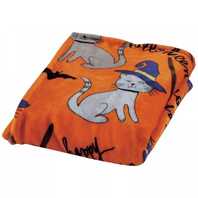 Kate Aurora Halloween Orange Spooky Cats & Broomstick Ultra Soft & Plush Accent Throw Blanket - 50 in. W x 60 in. L