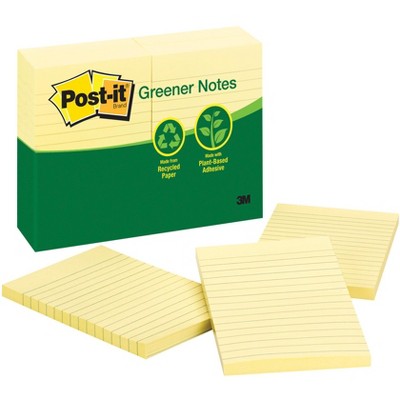 Post-it Lined Recycled Paper Greener Notes, 4 x 6 Inches, Canary Yellow, Pad of 100 Sheets, pk of 12