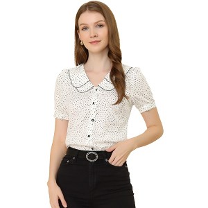 INSPIRE CHIC Women's Vintage Polka Dots Peter Pan Collar Puff Short Sleeve Shirt - 1 of 4