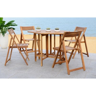 Natural Acacia Wood Round Patio Dining Set with Foldable Chairs