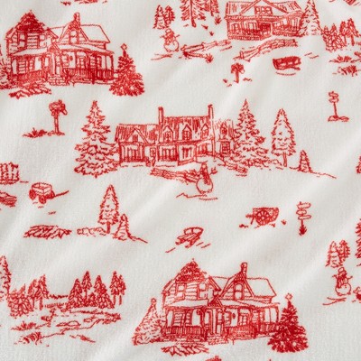Full Red Snowtown Toile Print Velvet Plush Sheet Set