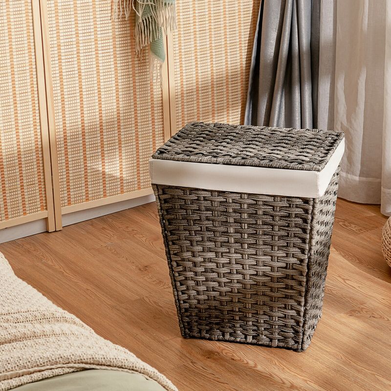 Costway Handwoven Laundry Hamper Foldable w/Removable Liner, Lid & Handles Brown/Grey, 3 of 11