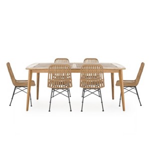 Sawtelle 7pc Outdoor 6 Seater Wicker Dining Set - Teak/Light Brown - Christopher Knight Home - 1 of 4