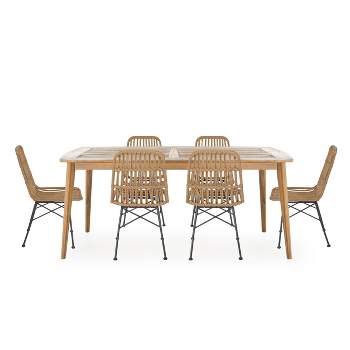 Sawtelle 7pc Outdoor 6 Seater Wicker Dining Set - Teak/Light Brown - Christopher Knight Home