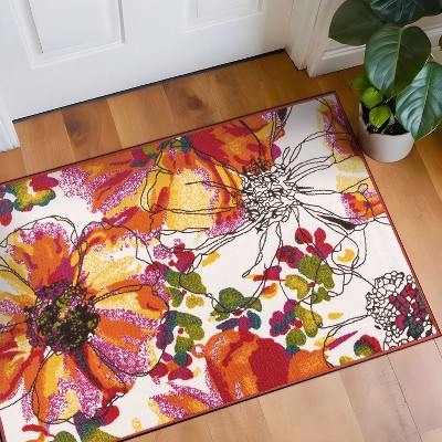 Bright Multicolor Floral Tufted Nylon Area Rug with Non-Slip Backing