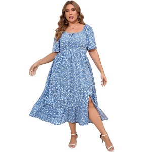 YESFASHION Womens Plus Size Square Neck Floral Print Summer Dress Ruffle Short Sleeve Tie Front Slit Hem Boho Maxi Dress - 1 of 4