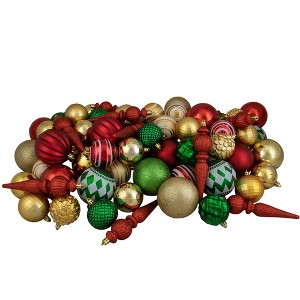 Northlight Shatterproof 3-Finish Christmas Ball and Finial Ornaments - Red, Gold and Green - 75ct - 1 of 4