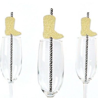 Big Dot of Happiness Gold Glitter Cowboy Boot Party Straws - No-Mess Real Gold Glitter Cut-Outs and Decorative Western Party Paper Straws - Set of 24