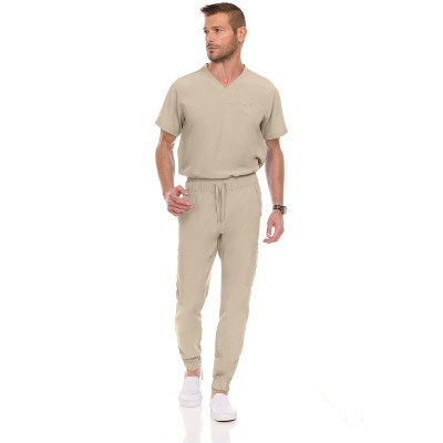 Medichic Men's Workwear Uniforms- Stretch V-Neck Scrubs Set with Seven-Pocket Jogger Pants