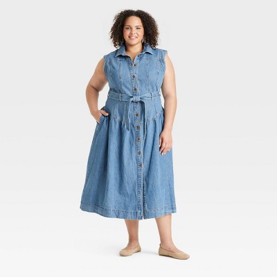 Women's Tie-Waist Midi A-Line Denim Dress - Universal Thread™ Indigo