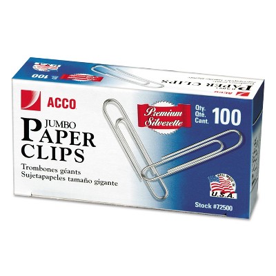 ACCO Premium Paper Clips Smooth Jumbo Silver 100/Box 10 Boxes/Pack 72500