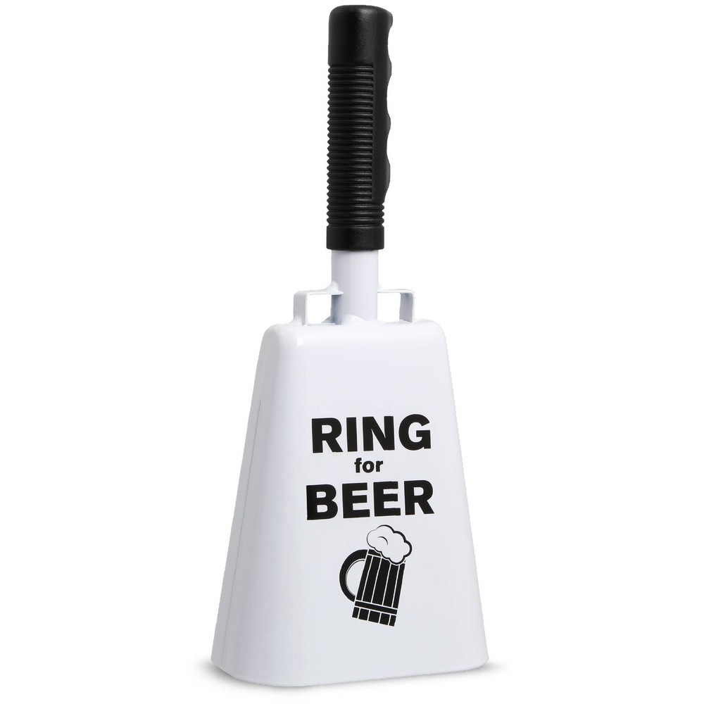 Father's Day 'Ring for Beer' Cowbell with Sentiment: Hammer + Axe Funny Noisemaker Beer Gift, White, All Ages