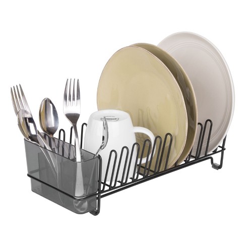 mDesign Steel Compact Modern Dish Drying Rack w/ Cutlery Tray - Black/Smoke  Gray