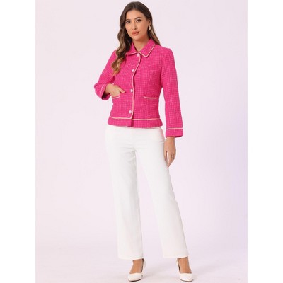 INSPIRE CHIC Women's Point Collar Long Sleeve Contrast Trim Button Down Work Office Jacket Hot Pink Medium — фото 4