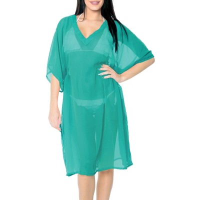 LA LEELA Women's Beachwear Summer Swim Beach Dress Cover Ups for Swimwear Women Short Hawaiian Swimsuit Coverups for Women 1X-2X Green, Solid