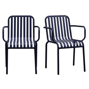 HomeRoots Set of Two Dark Blue Steel Outdoor Stacking Arm Chairs - 1 of 4