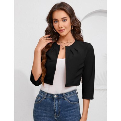Womens Cropped Blazer Casual Business 3/4 Sleeve Collarless Open Front Cardigan Work Jacket Shrug