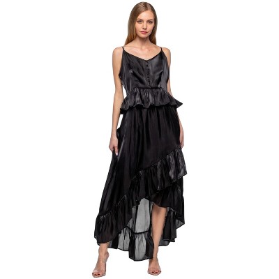 Slickblue Women's Sleeveless Shimmer Dress with Ruffles and Asymmetric Hem, Black or White, Size S to 1XL