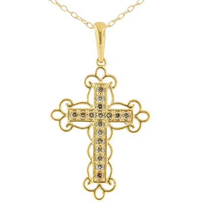 Haus of Brilliance 10K Yellow Over Silver 1/4 Cttw Champagne Diamond Filigree Cross Pendant