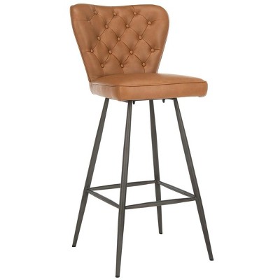 Camel Leather Tufted Transitional Bar Stool with Metal Legs, 46"