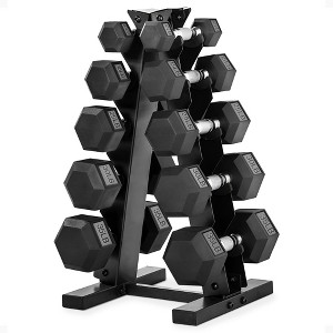 HolaHatha Hexagonal Non Slip Free Hand Dumbbell Weight Training Exercise Set w/ Textured Grips & Folding Storage Rack - 1 of 4