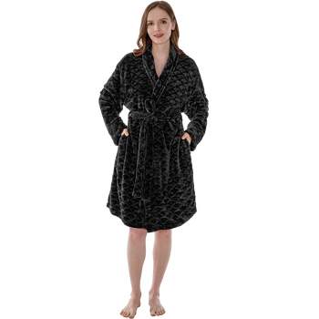 PAVILIA Women Hooded Plush Soft Robe  Fluffy Warm Fleece Sherpa Shaggy  Bathrobe (S/M, Black) 