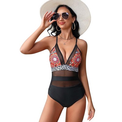 Womens Mesh Swimsuit One Piece V Neck Swimsuits Tummy Control High Waisted Cross Back Hollow Out Swimwears