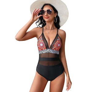 Womens Mesh Swimsuit One Piece V Neck Swimsuits Tummy Control High Waisted Cross Back Hollow Out Swimwears - 1 of 4