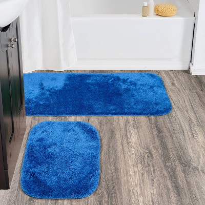 Electric Blue Nylon Washable Bathroom Rug Set with Latex Backing