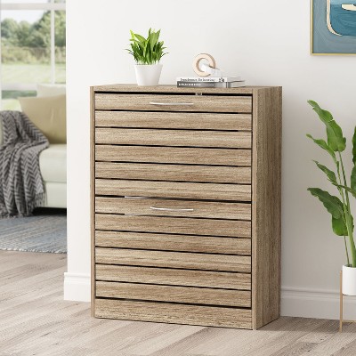 Natural Wood Shoe Storage Cabinet with Louver Doors and Flip Drawers