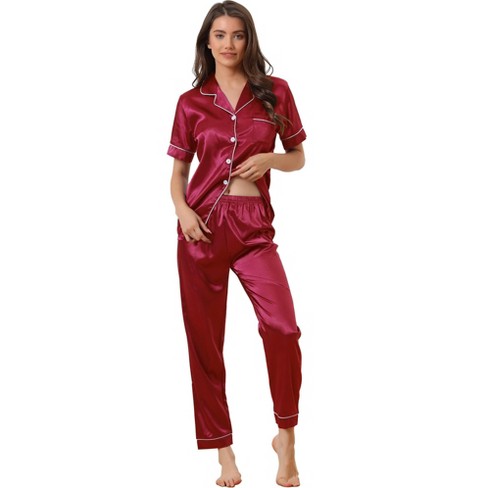Cheibear Women's Buton Down Sleepwear With Pants Nightwear Lounge 2-pc Pajama  Set Red Large : Target