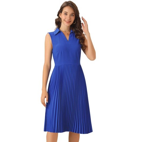 Женские платья INSPIRE CHIC Women's Collared Pleated V Neck Sleeveless Work Office Dress Blue Medium