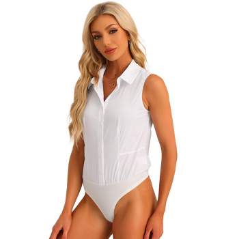 Allegra K Women's Square Neck Leotard Jumpsuit Shapewear Tummy Control  Slimming Long Sleeve Full Bodysuit White M