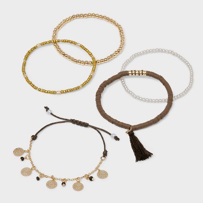 Decorative Hammered Discs and Tassel Bracelet Set 5pc - A New Day™ Brown