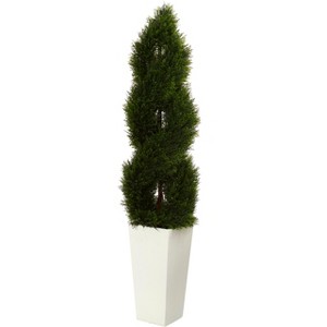 Nearly Natural 5.5-ft Double Pond Cypress Spiral Topiary Artificial Tree in White Tower Planter UV Resistant (Indoor/Outdoor) - 1 of 2