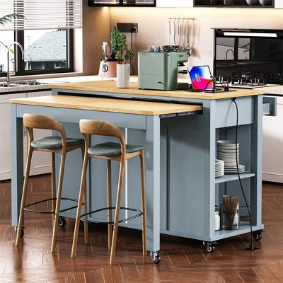 52" Kitchen Island Cart, Rolling Kitchen Island on Wheels with Extendable Dining Table, Kitchen Storage Island with 2 Drawers for Dining Room