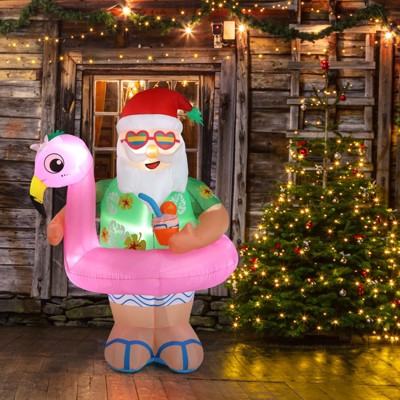Angel Sar 5.9FT Hawaii Santa Inflatable, LED Lighted Christmas Decoration with Flamingo Ring, Outdoor Yard Blow Up Decor for Holiday Party