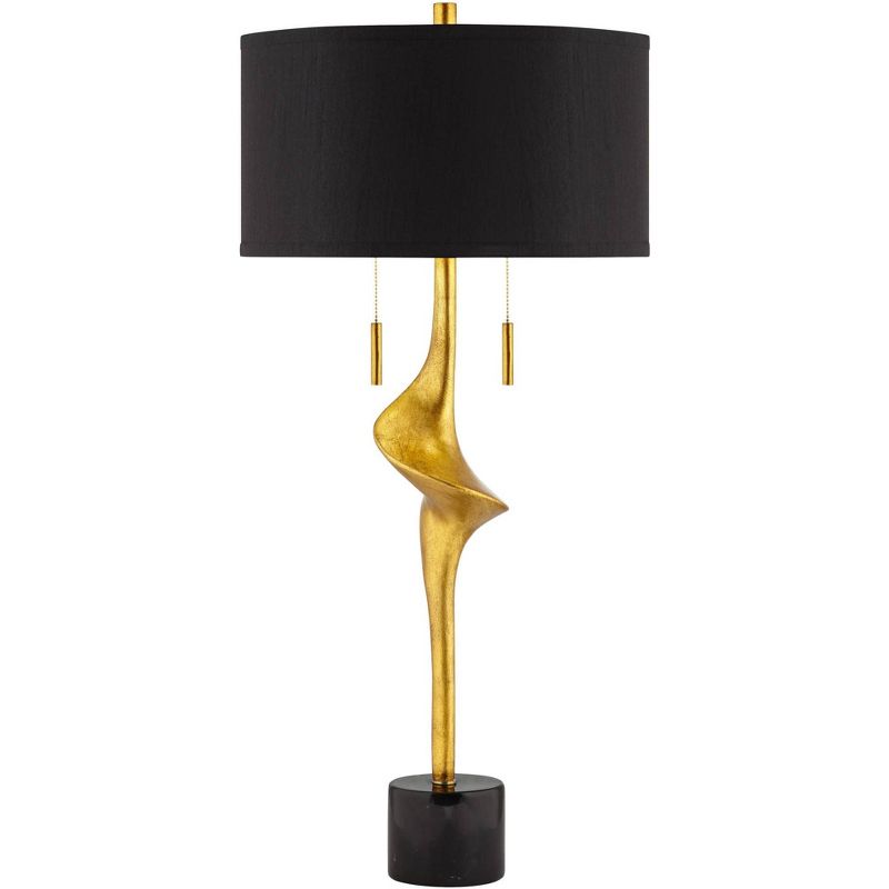 Possini Euro Design Athena Modern Buffet Table Lamp 35 1/2" Tall Sculptural Gold Leaf Black Drum Shade Bedroom Living Room Bedside Nightstand Office, 1 of 11